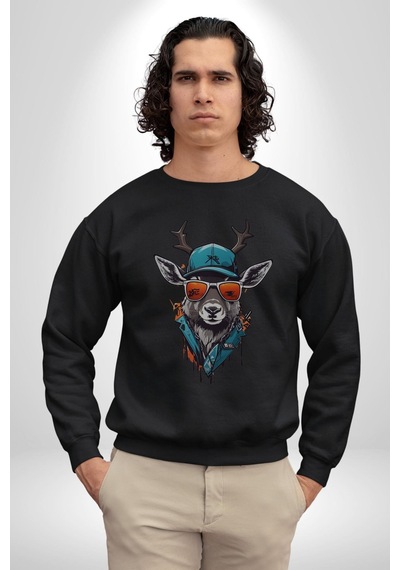 Güneş Gözlüğü Savaşcı Geyik Unisex Siyah Baskılı Sweatshirt Siyah