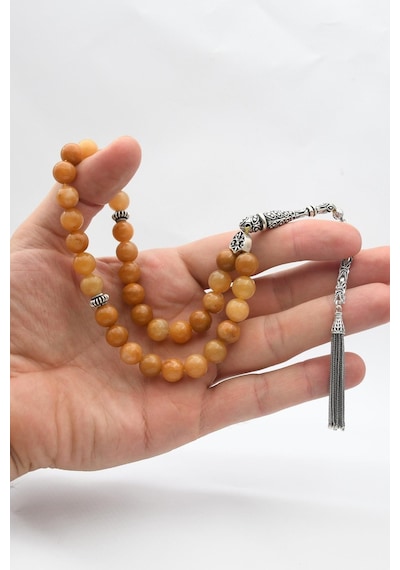 33'lük Doğal Carnelian Taşlı Tesbih 925 Ayar Gümüş Püsküllü 10mm Küre Kesim