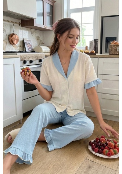 Bella Notte Mavi Fırfır Detaylı Düğmeli V Yaka Yazlık Pijama Takımı