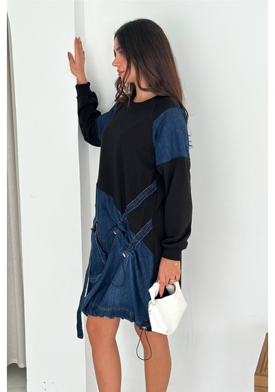 Femelle Kadın Sweat Denim Patchwork Elbise Oversize Cepli Büzgülü %100 Pamuk Spor Elbise Lacivert Femelle Kadın Sweat Denim Patchwork Elbise Oversize Cepli Büzgülü %100 Pamuk Spor Elbise Lacivert