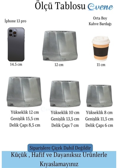Saksı Çiçek Kaktüs Saksısı Lüx 15 Cm Varak Boyalı Kalın Çizgi Desen 3'lü Set Çiçeklik - Gümüş Eskitme