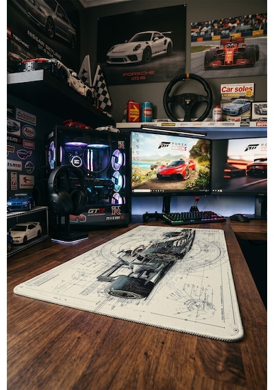 Formula 1 Yarış Arabası Blueprint 40x90 Cm Oyuncu Mousepad Kaymaz Taban Büyük Boy Mousepad Siyah