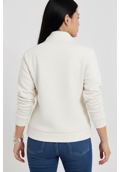 Afri Kadın 3 İplik Şardonlu Yarım Fermuarlı Krem Sweatshirt İçi Pamuklu Kalın Kumaş, Tam Kalıp Rahat Model Krem