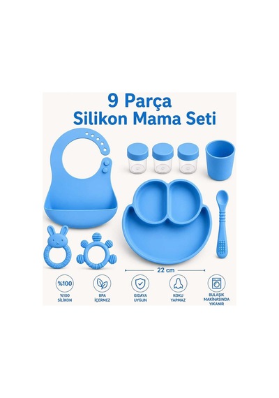 9 Parça Mama Seti %100 Silikon Bpa İçermez Ek Gıdaya Uygun Mavi