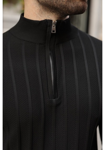 Madmext Siyah Slim Fit Hakim Yaka Fermuarlı Erkek Triko Kazak E7518