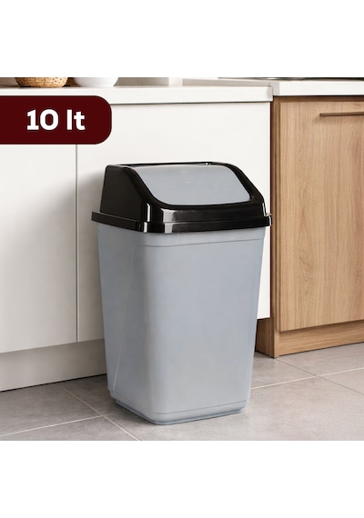 Porsima 0100 Kapaklı Gri-siyah Çöp Kutusu - Favori Banyo Ve Mutfak Çöp Kovası 10lt Siyah