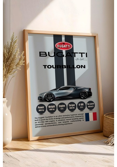 Bugatti Tourbillon Araba Tablosu - Teknik Özellikli Otomobil Poster - Çerçeveli Duvar Dekoru Kayın