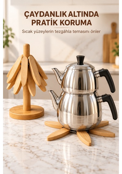 Bambu Katlanabilir Nihale Seti 3 Lü Standlı Tencere Tava Çaydanlık Altlığı Isıya Dayanıklı Tezgah Koruyucu Diğer