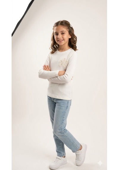 Kız Çocuk Fitilli Bluz Bre-22671 Ekru
