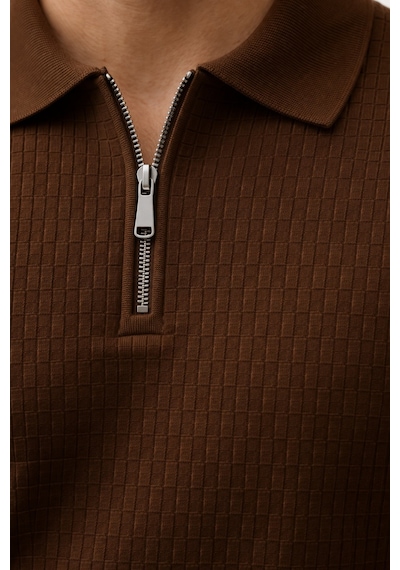 Erkek Fermuarlı Polo Yaka Triko Tişört Slim Fit Dokulu Yazlık Şık Casual Kahverengi