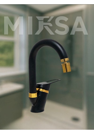 Lüx Siyah-gold Baston Borulu Oynar Başlıklı Perlatörlü Banyo Lavabo Bataryası, Çiftsugirişli