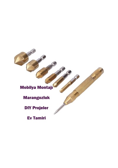 6 Parça Havşa Matkap Ucu Seti + Otomatik Punta Ahşap Mdf Metal Pah Kırma Havşa Açma Seti