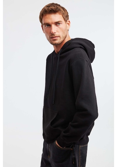 Grimelange Jorge Erkek Yumuşacık Kapüşonlu Organik Pamuk Kanguru Cepli Regular Siyah Sweatshirt