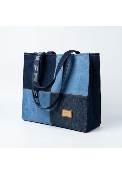 Kadın Denim Patchwork El Yapımı Özel Tasarım Büyük Boy Tote Omuz Çantası Çok renkli