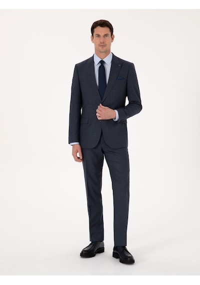 Cacharel Lacivert Slim Fit Yün Karışımlı Mikro Desen Kırlangıç Yaka Takım Elbise