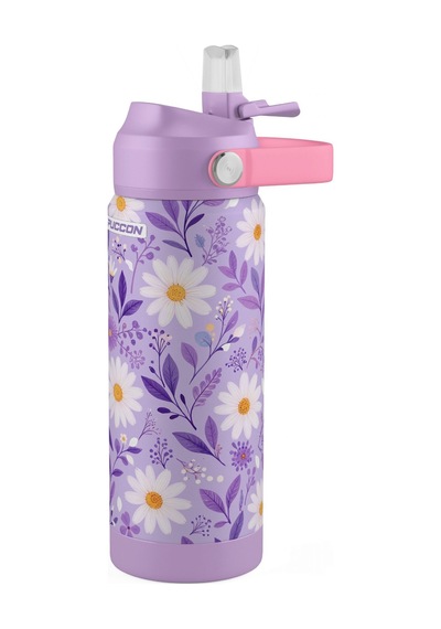 Puccon 540 Ml Papatya Desenli Beyaz - Lila Kız Çocuk Pipetli Çelik Termos Matara/suluk - 60057