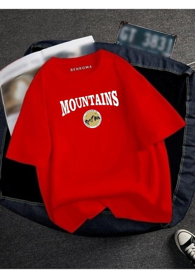 Oversıze Mountaıns Baskılı Unısex Tisort Baskılı Kirmizi