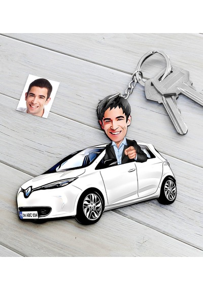 Kişiye Özel Bay Renault Zoe Figürlü Plakalı Ahşap Karikatür Anaht