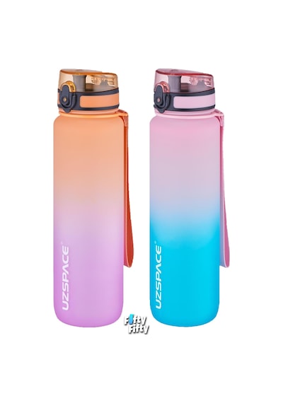 Uzspace 2'li Tritan Matara Seti 1000ml Büyük Boy Çift Renk Softtouch Ff Collection Tritan Su Matarası Mor Turuncu - Pembe Yeşil