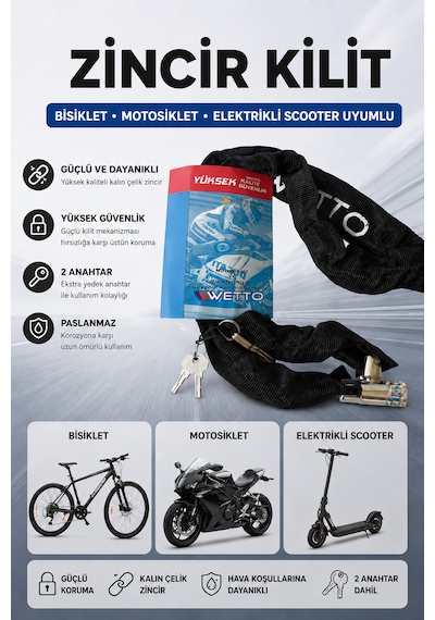 Motosiklet Bisiklet Ve Elektrikli Scooter Uyumlu Zincir Kilidi Kumaş Kaplı 120 Cm Anahtarlı Kilit