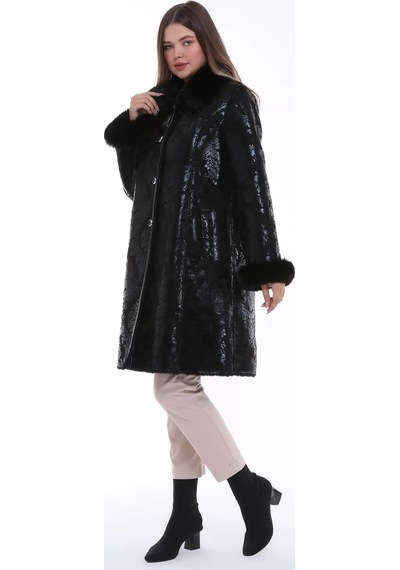 Furrier Desenli Scuba Kol Ucu Ve Yaka Suni Kürklü Kaban Siyah