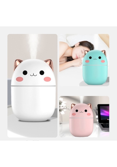Ufly Sevimli Kedi Hava Nemlendirici Ledli Ultrasonik Difüzör 250 Ml Pembe