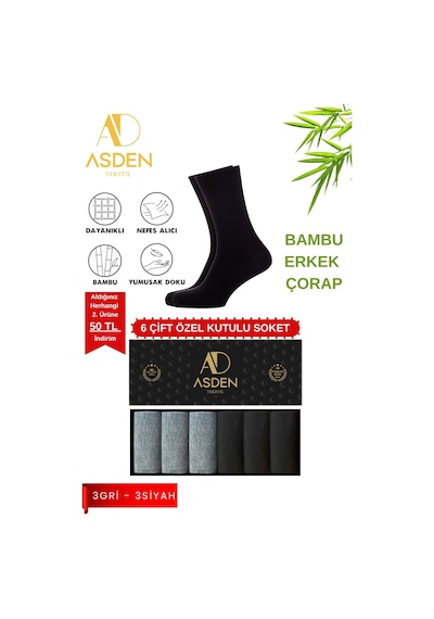 Asden Bambu Erkek Soket Çorap 3 Siyah 3 Lacivert Premium Kutu, Burun Dikişsiz, Yıkamalı 3 Siyah 3 Gri
