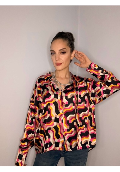 Ali Butik Retro Pembe Desenli Saten Gömlek Pembe