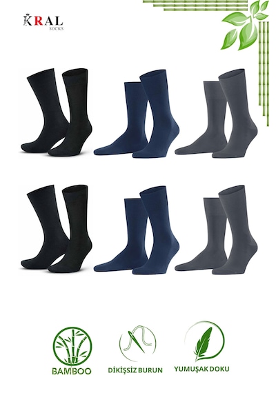 Kral Socks Bambu Erkek Soket Düz Uzun Çorap Klasik Yazlık Dikişsiz 6'lı Premium Set Asorti2