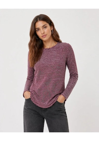 Efnaz Style Dokulu Çizgili Uzun Kollu Tişört Oval Kesim Basic Rahat Kalıp Bluz - Bordo