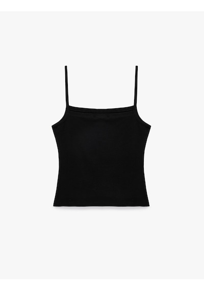 Koton Pamuklu Ribanalı Slim Fit Kare Yaka İp Askılı Atlet Bluz Siyah 7wak10044ek