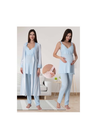 Effortt Dvina Lohusa Hamile Çizgili Sabahlıklı Askılı Pijama Takımı - Mavi Mavi