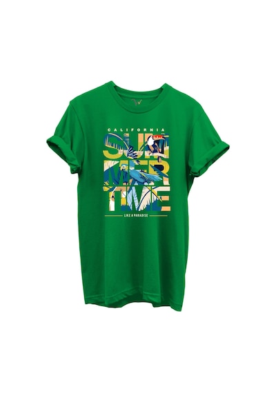California Summertime Ve Tropikal Papağan Ve Palmiye Desenli %100 Pamuk Regular Fit Unisex T-shirt Yeşil California Summertime Ve Tropikal Papağan Ve Palmiye Desenli %100 Pamuk Regular Fit Unisex T-shirt Yeşil