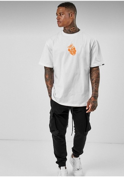 Flood Of Style Oversize Erkek Beyaz Turuncu Imzalı Tişört