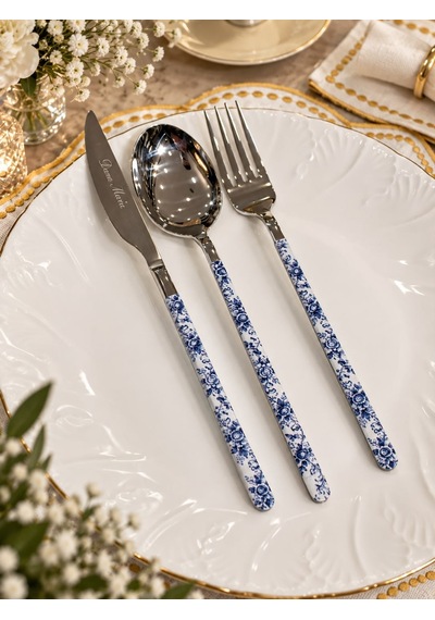 18 Parça Floral Blue Desen Yemek Çatal , Kaşık ,bıçak Seti-7959 Çok Renkli
