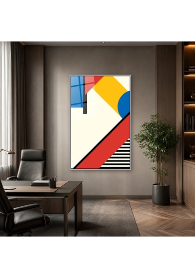 Kırmızı Mavi Sarı Bauhaus Blokları Gümüş Çerçeveli Cam Tablo