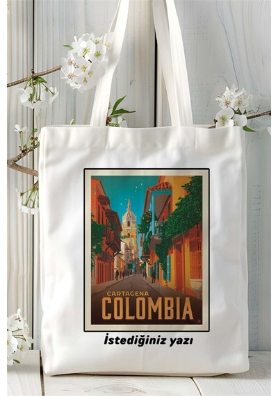Art Hediye Colombia Baskılı Bez Çanta Omuz Çantası Kişiye Özel Desen Çok Renkli