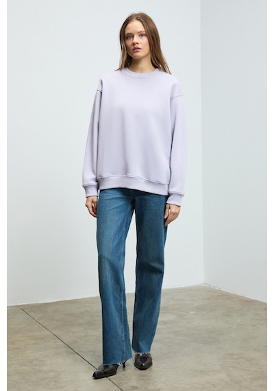 Grımelange KARIUS Kadın Organik Pamuklu İçi Polarlı Oversize Yuvarlak Yakalı Lila Sweatshirt