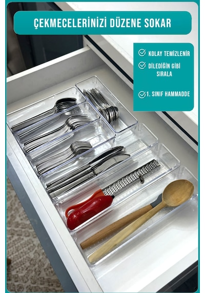 7 Parça Modüler Mutfak Kaşıklık Ve Çekmece İçi Düzenleyici Organizer Set Şeffaf