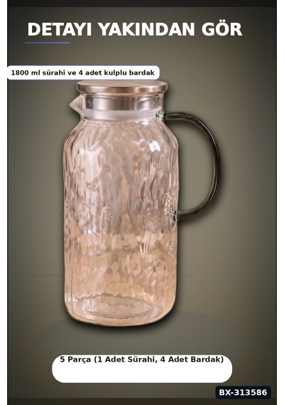 Kulplu 1800 Ml Cam Sürahi Ve 350 Ml 4 Bardak Seti - 5 Parça Şeffaf Bx-313586