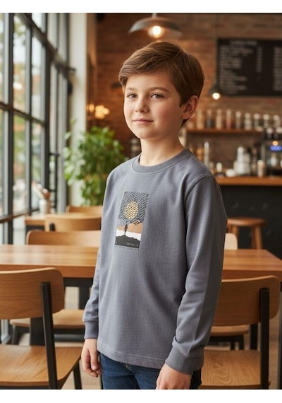 Zekids Erkek Çocuk Pamuklu Manzara Baskılı İnce Uzun Kollu Sweatshirt-16341 Gri