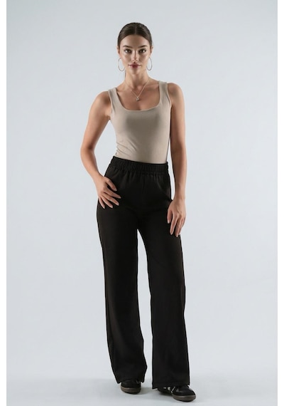 Dokuma Siyah Geniş Paça Beli Lastikli Basic Uzun Kadın Pantolon Sh191 S