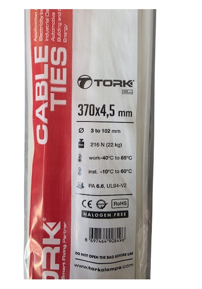 Tork 370x4,5 Mm Plastik Kablo Bağı Beyaz 100 Adet