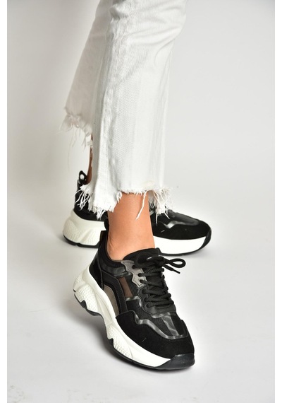 Fox Shoes U973568209 Siyah Kalın Tabanlı Spor Ayakkabı Sneakers Siyah-suni Deri Siyah