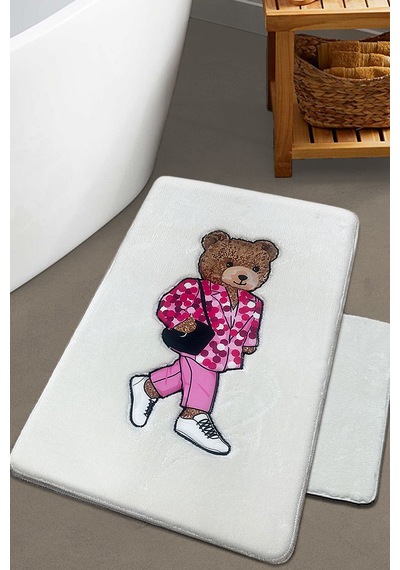 Boss Bear Ekru 2li Nakışlı Banyo Paspası ,kaymaz Tabanlı 60x100 50x60 Cm Ekru-ikili