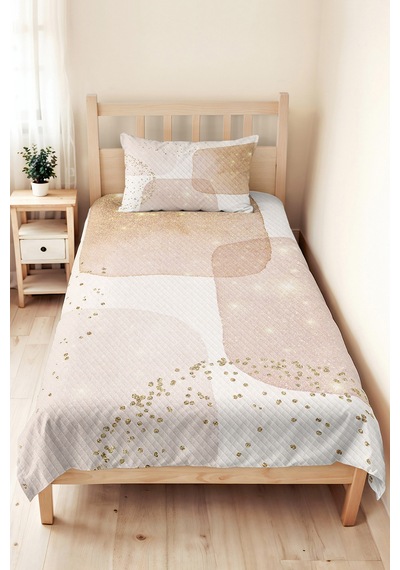 Modern Bej Geometrik Tek Kişilik Pike Takımı - Pudra Altın Simli 160x220 Cm Kapitone Yatak Örtüsü Narin Kervan Aurası