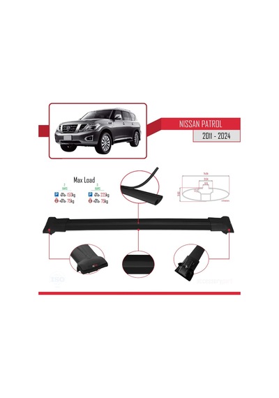 Nissan Patrol Y62 2011 Ve Sonrası İle Uyumlu Fly Model Ara Atkı Tavan Barı Siyah