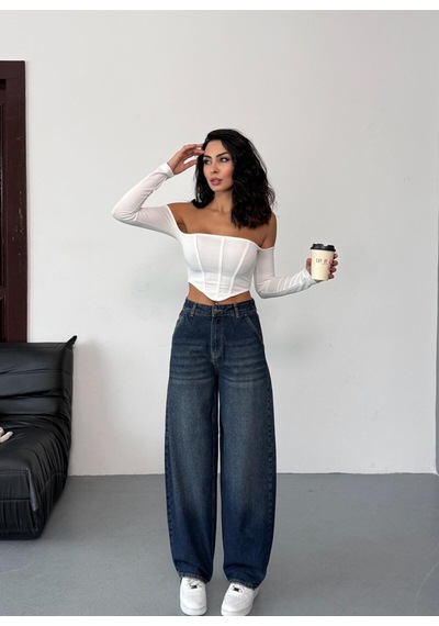 Kadın Mavi Eskitmeli Skater Fit Yüksek Bel Pantolon Lacivert-tintli