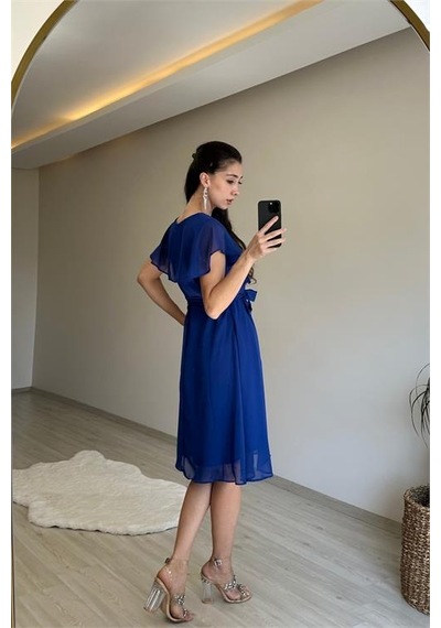Neşeli Butik Kadın V Yaka Kuşaklı Mini Şifon Elbise Nm007 Saks