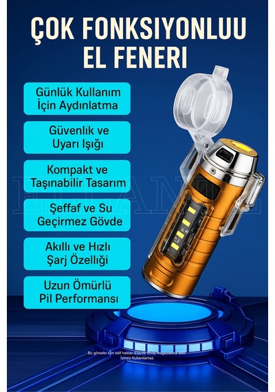 Çok Fonksiyonlu Şarjlı Led El Feneri & Rüzgar Geçirmez Elektrikli Çakmak Çok Renkli